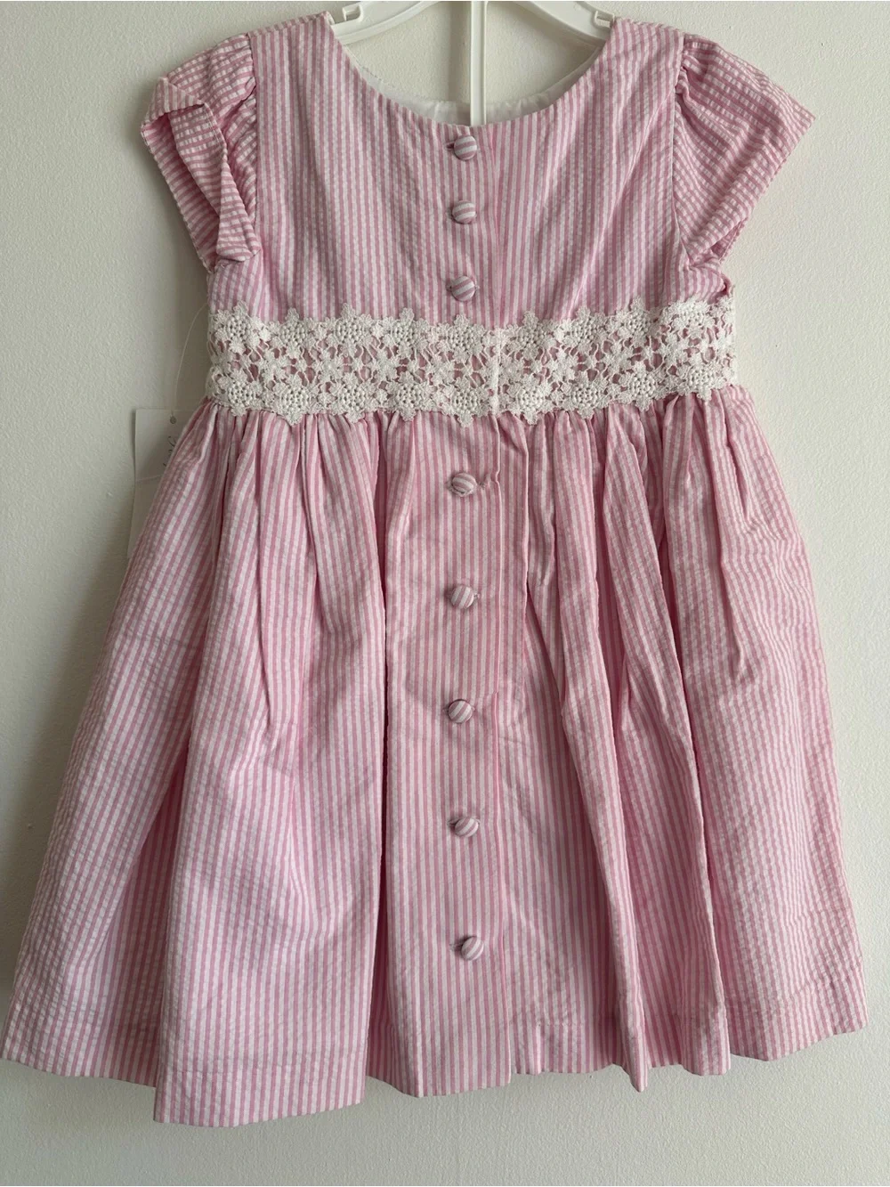 Ralph Lauren Girls 24M Pink Seersucker Dress Lace Trim NWT